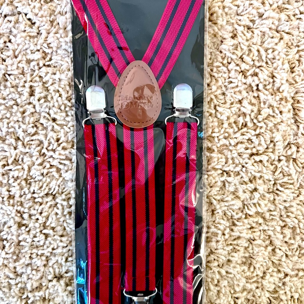 Red and black vertical striped stretchy suspenders; special Maker’s Mark edition